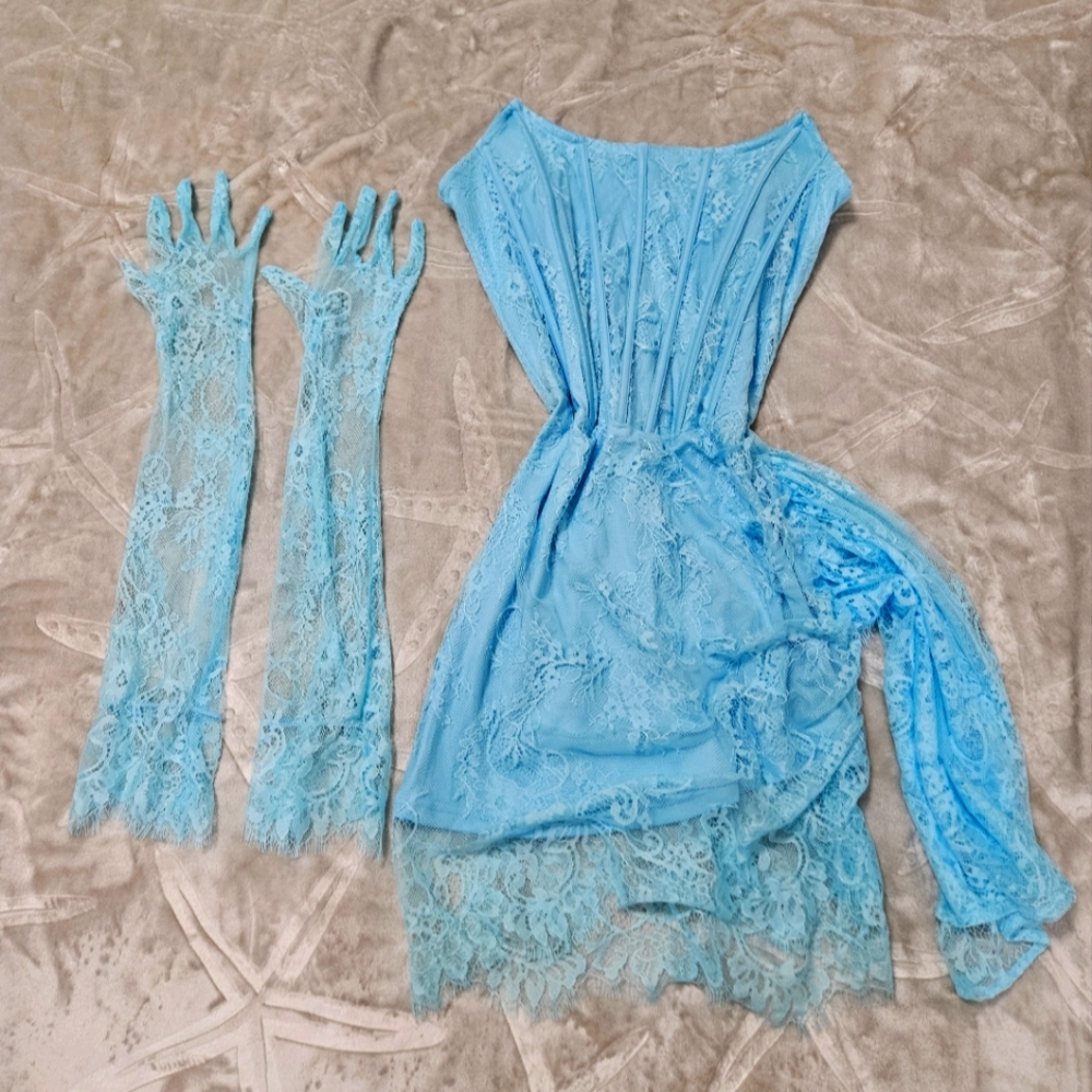 Elegant Blue Lace Dress with Matching Gloves